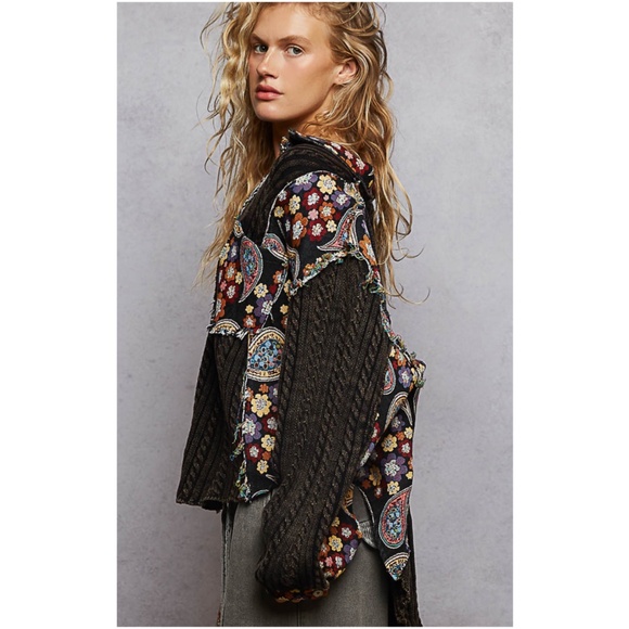 POL Floral Print Tapestry Button Down Cable Knit Loose Fit Shirt - Picture 4 of 4